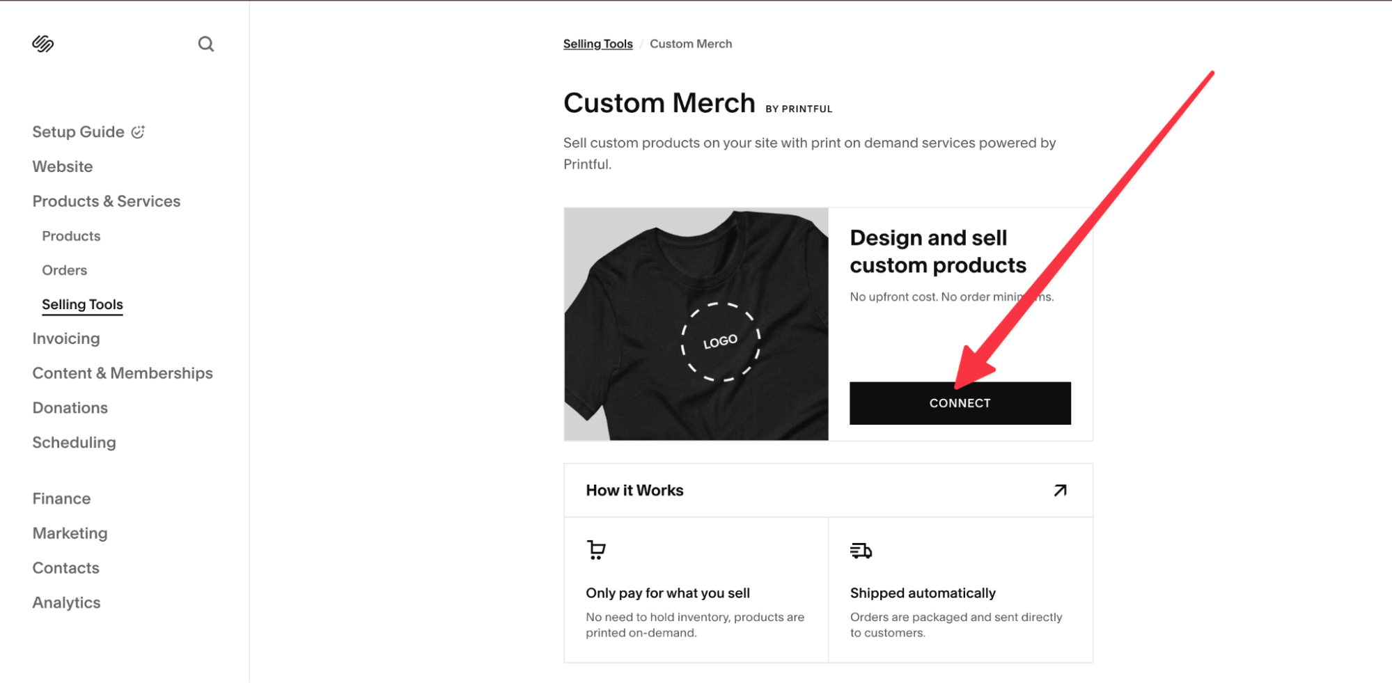 screenshot of selling on squarespace