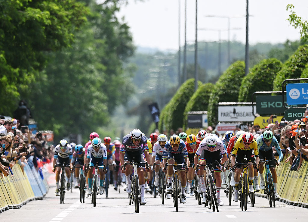 MONTLUCON FRANCE JUNE 08 LR Mathieu van der Poel of Netherlands and Team Alpecin Deceuninck Remco Evenepoel of Belgium and Team Soudal QuickStep Tadej Pogacar of Slovenia and UAE Team Emirates XRG Jake Stewart of Great Britain and Team Israel Premier Tech Jonas Vingegaard of Denmark and Team Visma Lease a Bike and Bastien Tronchon of France and Team Decathlon AG2R La Mondiale sprint at finish line to win the stage during the 77th Criterium du Dauphine 2025 Stage 1 a 1958km stage from Domerat to Montlucon UCIWT on June 08 2025 in Montlucon France Photo by Dario BelingheriGetty Images