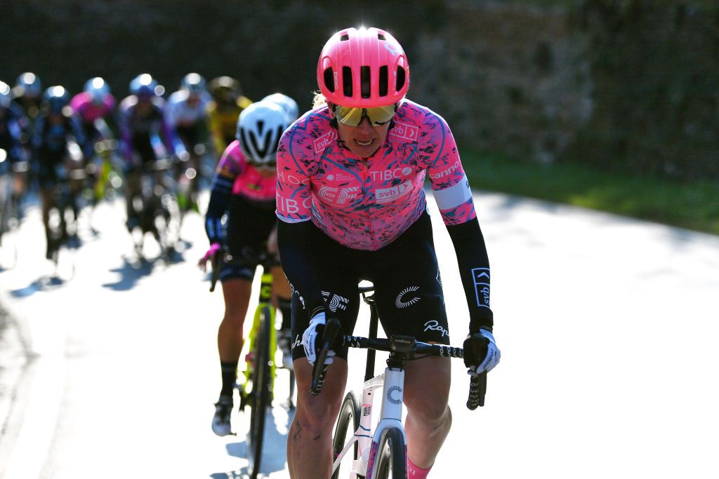 SIENA ITALY MARCH 05 Emily Newsom of United States and Team EF Education Tibco Svb competes in the breakaway during the Eroica 8th Strade Bianche 2022 Womens Elite a 136km one day race from Siena to Siena Piazza del Campo 321m StradeBianche on March 05 2022 in Siena Italy Photo by Luc ClaessenGetty Images