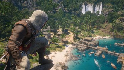 Edward Kenway looks out across the sunny, verdant Great Inagua island from a vantage point in Assassin's Creed Black Flag Resynced