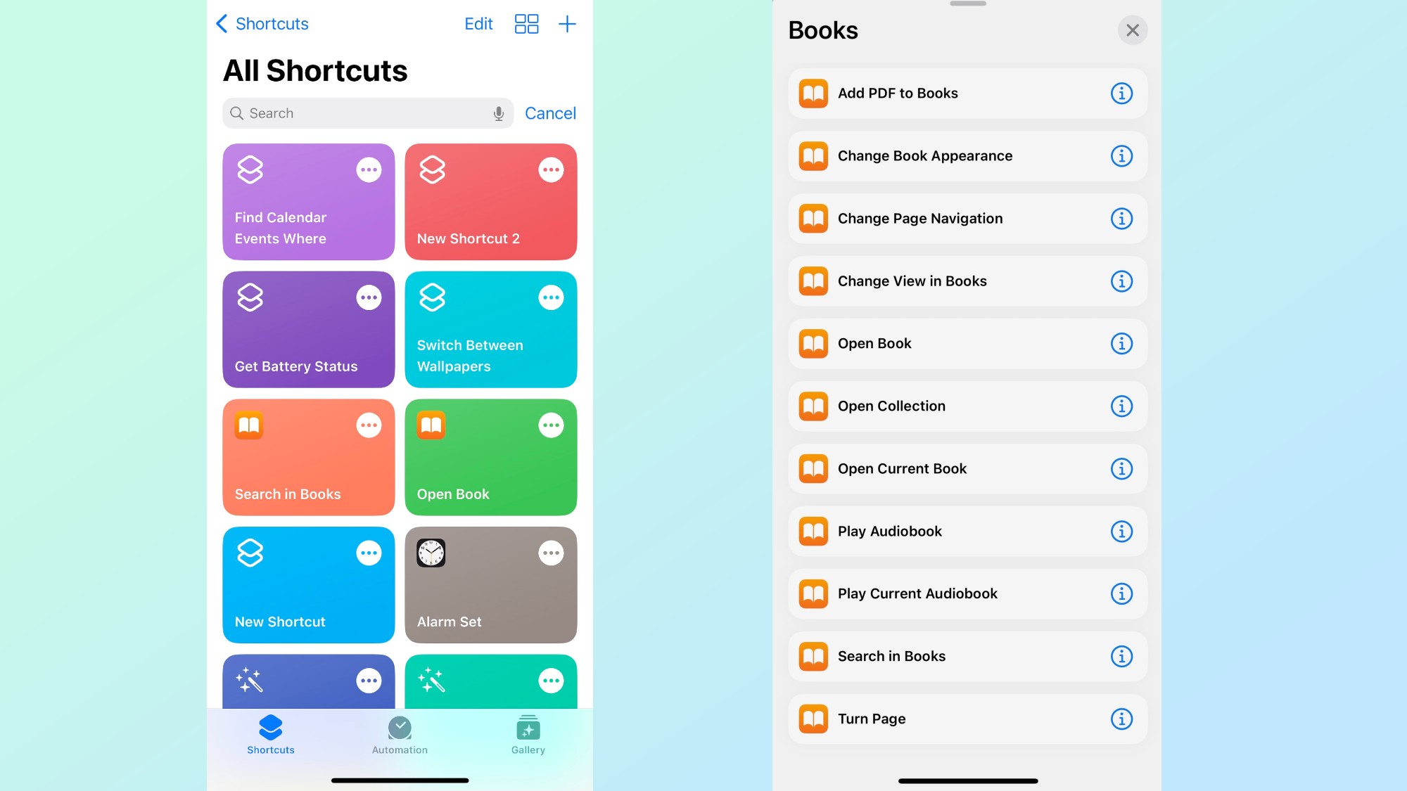 Imagen de dos capturas de pantalla de la aplicación Apple Shortcuts que muestran los accesos directos de Apple Books en un iPhone