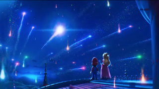 Two cartoon characters beneath a sky filled with shooting stars