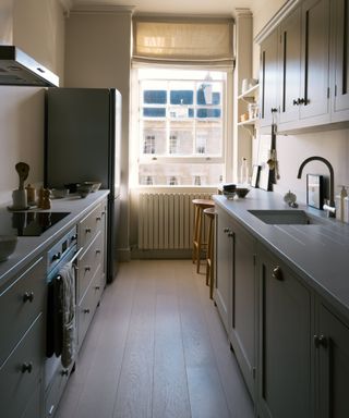 small sage green galley kitchen with sash window at end