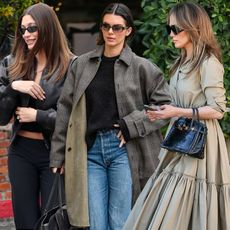 fashion collage of Hailey Bieber, Kendall Jenner, and Jennifer Lopez wearing black ballet flats