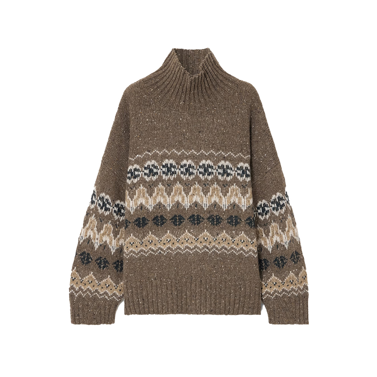 Mock-Neck Fitted Sweater in Fair Isle Wool Knit