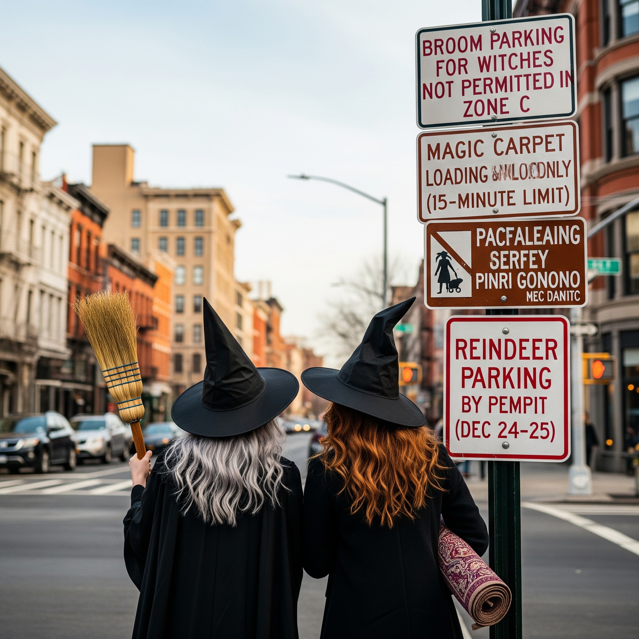 Gemini-generated image of witches at a signpost.