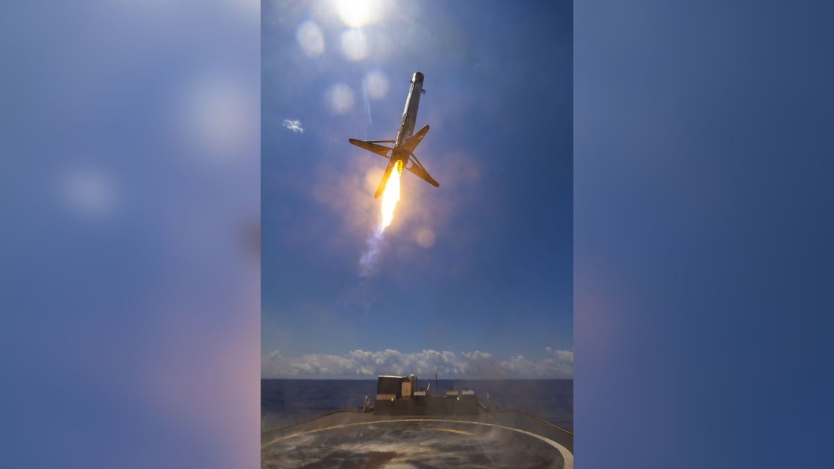 A SpaceX Falcon 9 rocket comes in for a stunning landing on a drone ship after launching the GPS III SV05 satellite for the U.S. Space Force on June 17, 2021.