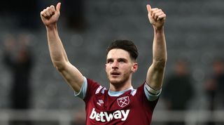 Declan Rice gestures duting West Ham's 1-1 draw against Newcastle in February 2023.