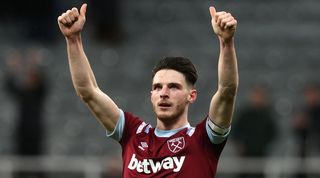 Manchester United and Arsenal target Declan Rice gestures duting West Ham's 1-1 draw against Newcastle in February 2023.