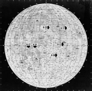 A detailed map of the moon with annotations showing the previous lunar landing sites.