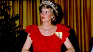 Princess Diana in Tasmania, wearing the Spencer family tiara and a dress by Bruce Oldfield, State Reception in Hobart, 30th March 1983.
