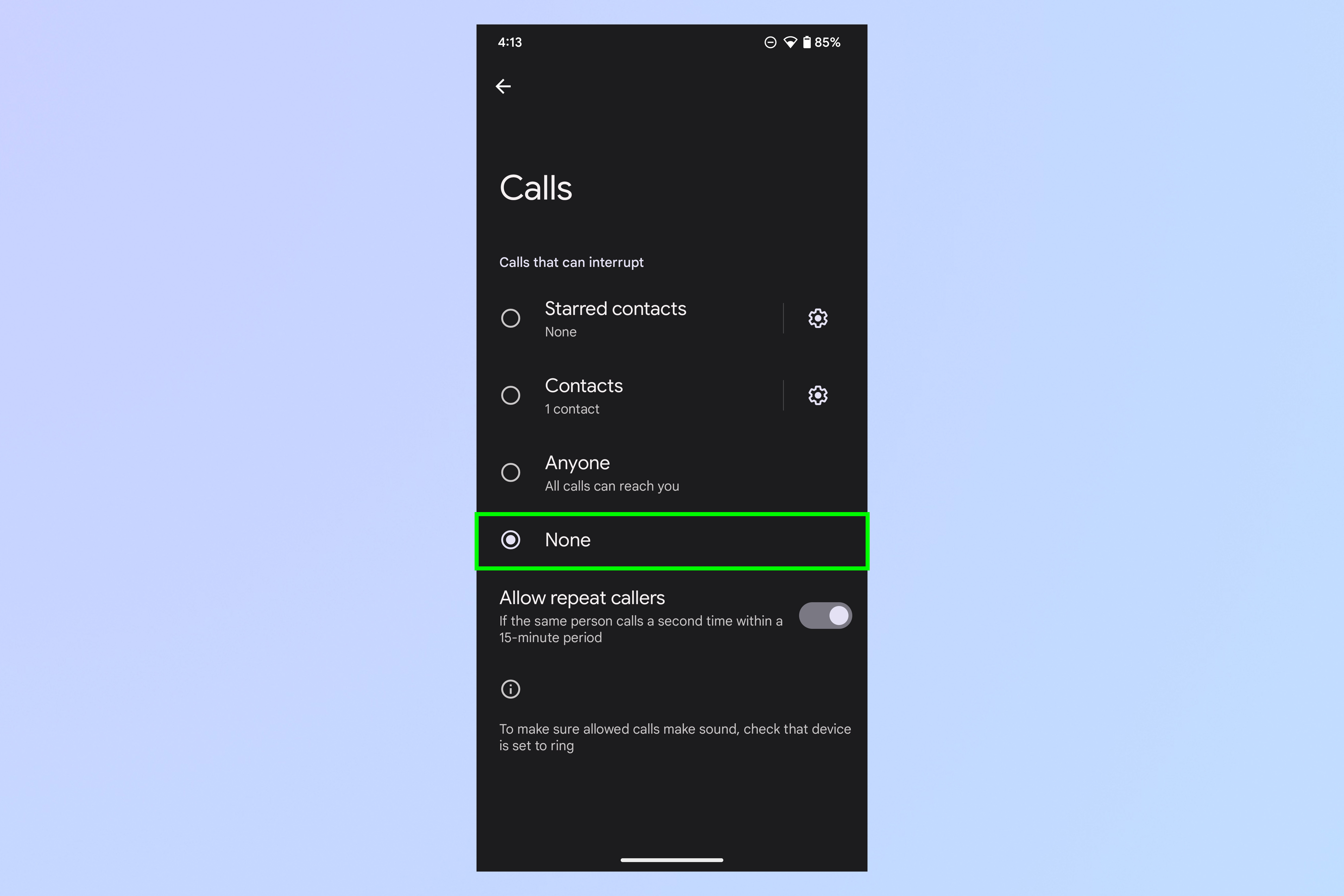A screenshot showing the steps required to block all calls on Android.