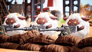 Three sheep from Palworld stand behind machine guns