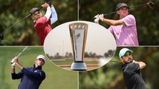 Sergio Garcia, Bubba Watson, Elvis Smylie and Abraham Ancer holding their finish on golf shots and the International Series trophy centered