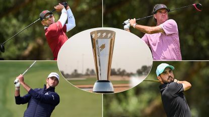 Sergio Garcia, Bubba Watson, Elvis Smylie and Abraham Ancer holding their finish on golf shots and the International Series trophy centered