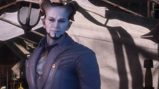 A Qunari, dressed in a snazzy suit, smiles confidently at an NPC off-screen.