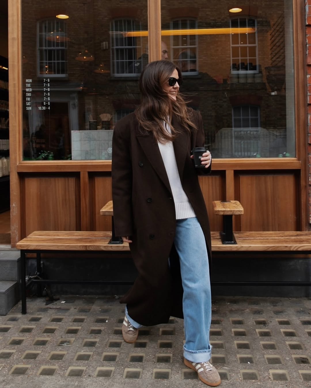 Kim Turkington wearing a brown The Frankie Shop Coat