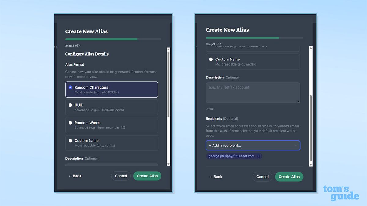 ExpressMailGuard alias creation screenshot