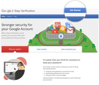 Set up Google account 2-factor authentication by showing steps: Tap Get Started on the main Google 2FA page