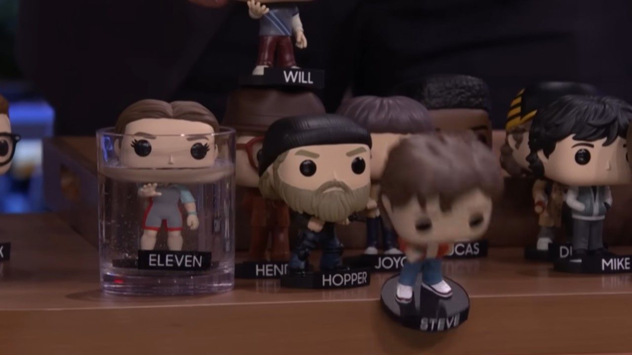 Steve's Funko Pop falling off the desk of The Tonight Show. 