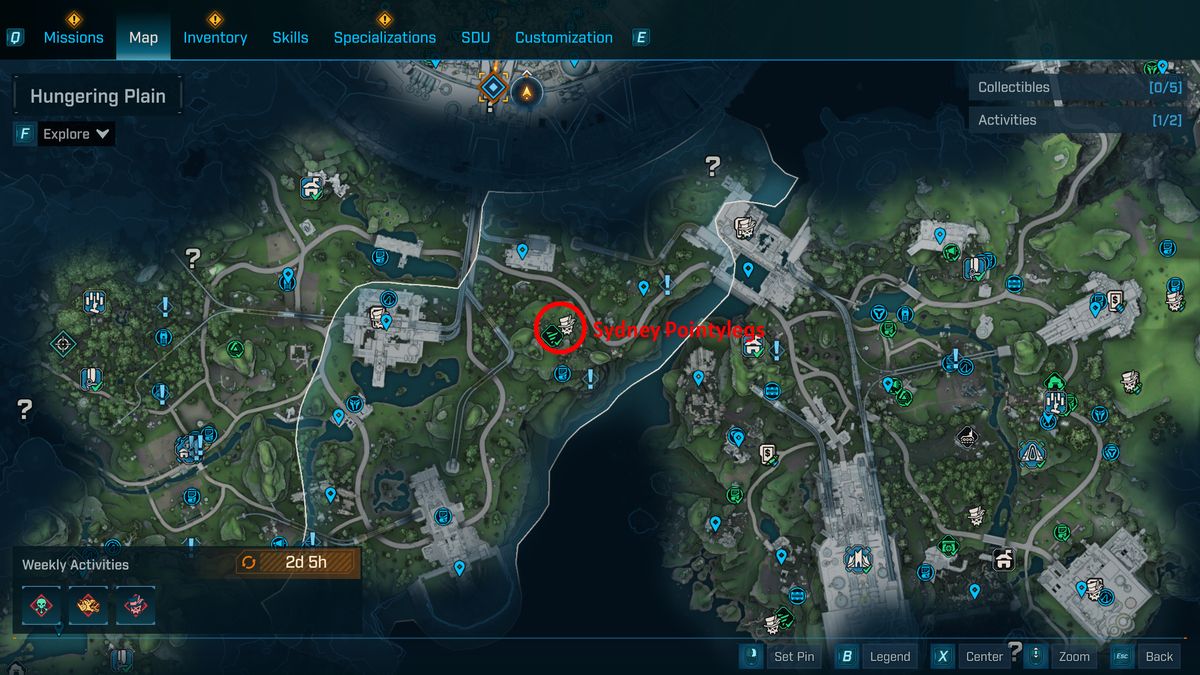 Borderlands 4 UVHM unlocks: A map with a red circle showing the location of the Sydney Pointylegs boss in Fadefields.