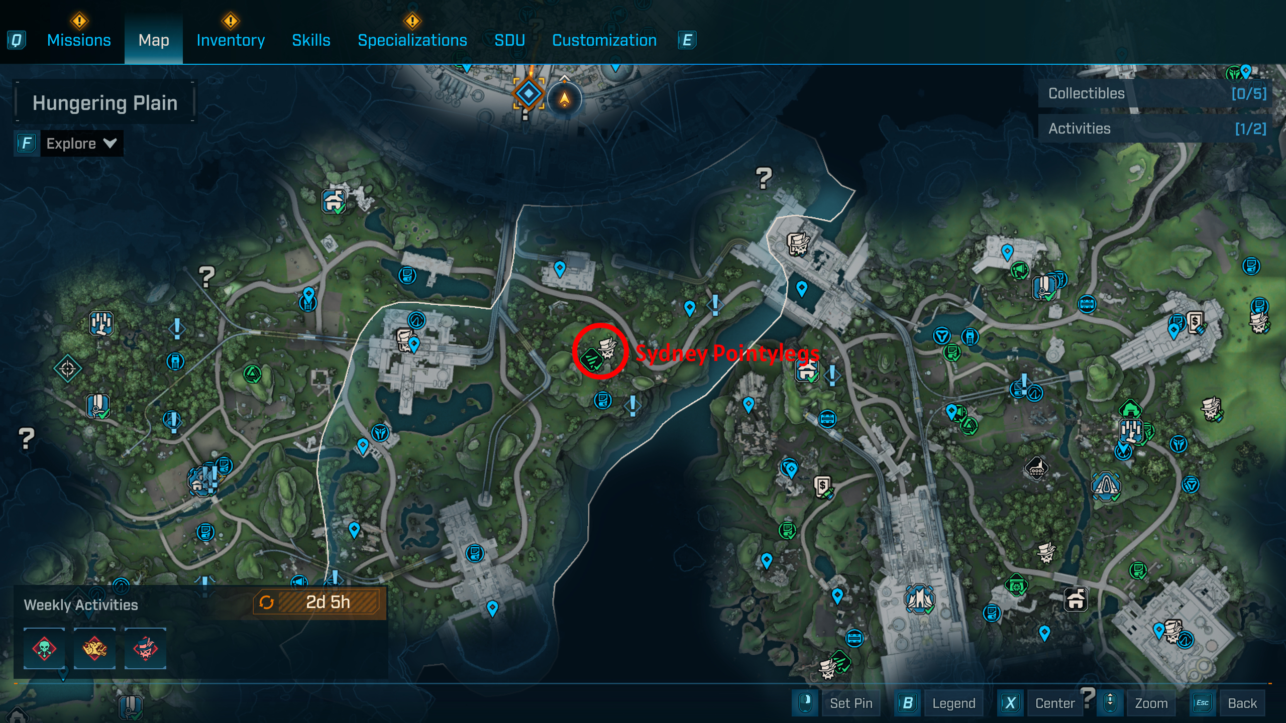 Borderlands 4 UVHM unlocks: A map with a red circle showing the location of the Sydney Pointylegs boss in Fadefields.