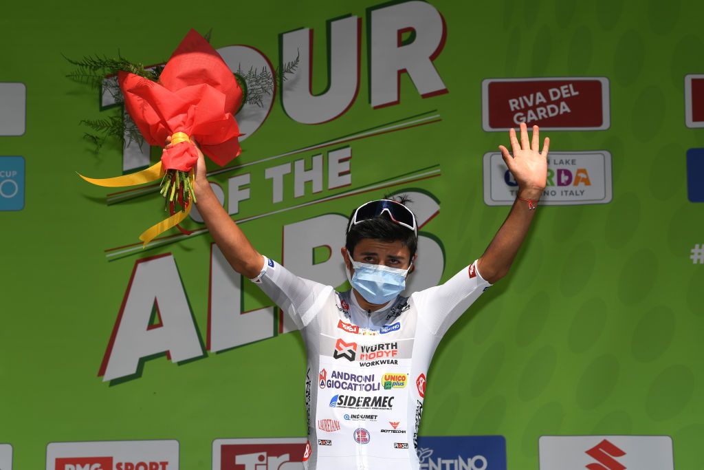 RIVA DEL GARDA ITALY APRIL 23 Jefferson Alexander Cepeda Ortiz of Ecuador and Team Androni Giocattoli Sidermec White Best Young Rider Jersey celebrates at podium during the 44th Tour of the Alps 2021 Stage 5 a 1209km stage from Valle del Chiese Idroland to Riva del Garda Mask Covid Safety Measures TourofTheAlps TouroftheAlps on April 23 2021 in Riva del Garda Italy Photo by Tim de WaeleGetty Images