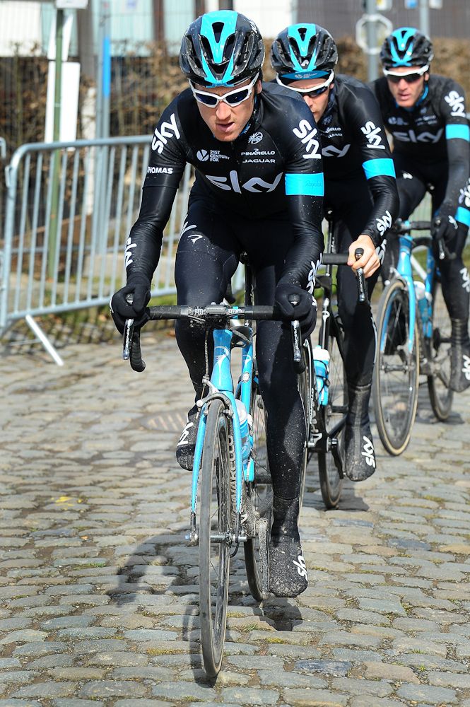 Geraint Thomas of Team Sky is seen on the Oude Kwaremont during the reconnaissance of Sunday's Tour of Flanders route.