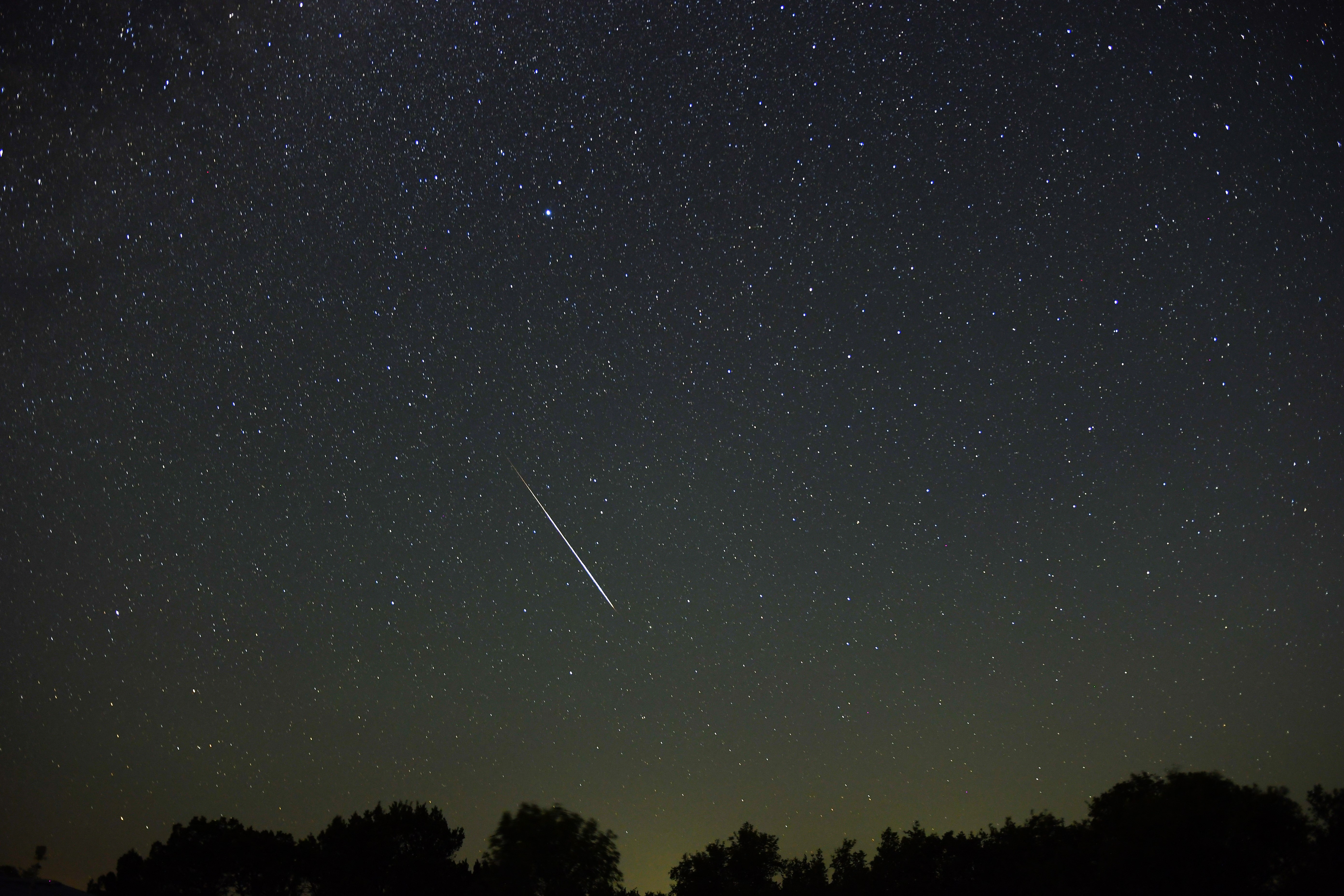 Yıldızlı bir gökyüzüne ve doğal bir ön plana karşı bir meteor yağmuru tasvir edilmiştir.