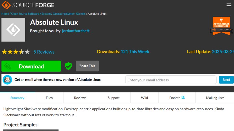 Absolute Linux website screenshot (September 2025).