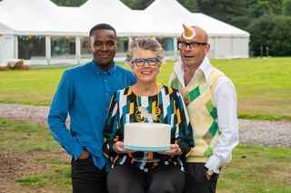 Liam Charles, Prue Leith and Harry Hill in Junior Bake Off