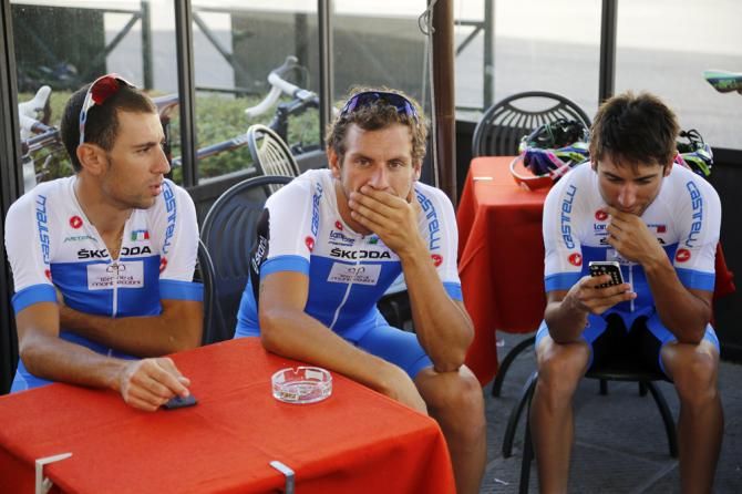Vincenzo Nibali (Astana), Filippo Pozzato (Lampre - Merida) and Diego Ulissi (Lampre