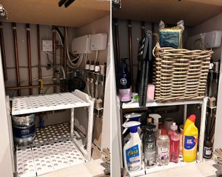 Two images side by side showing a before and after with empty white storage shelves on the left and cleaning products on shelving on the right