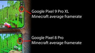 Comparing the average framerate in Minecraft between a Google Pixel 9 Pro XL and a Google Pixel 8 Pro