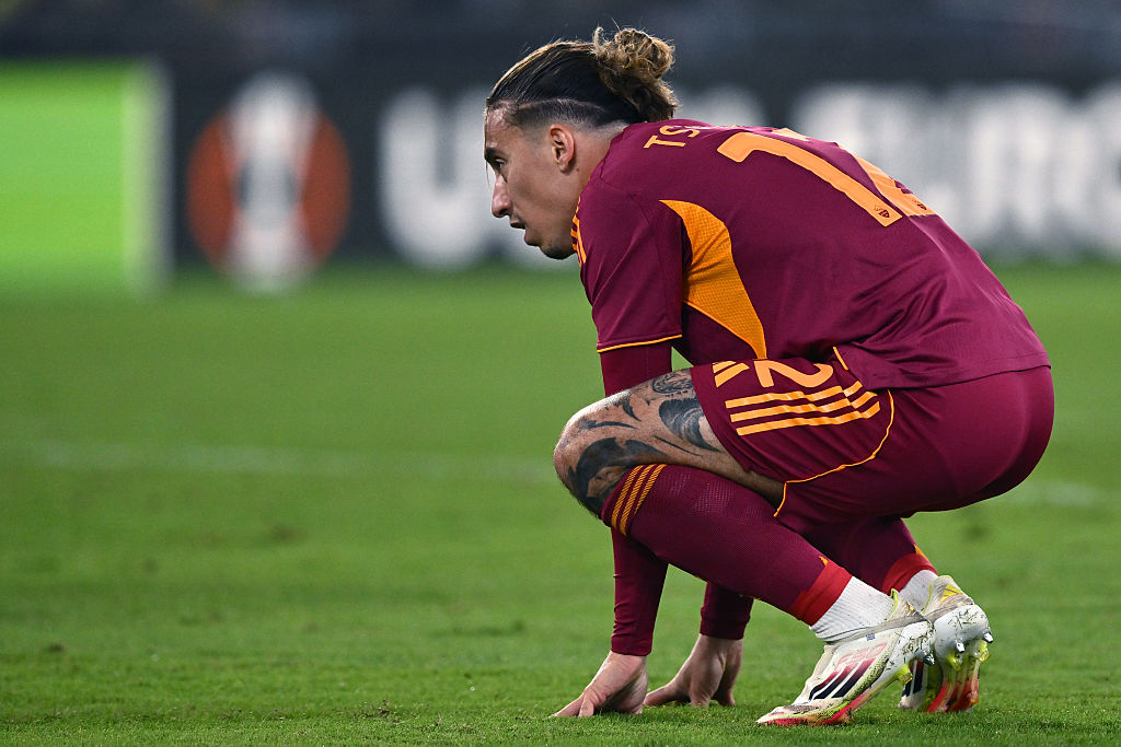 Kostas Tsimikas of Roma react with disappointment during the UEFA Europa League 2025/26 League Phase MD2 match between AS Roma and LOSC Lille at Stadio Olimpico on October 02, 2025 in Rome, Italy.