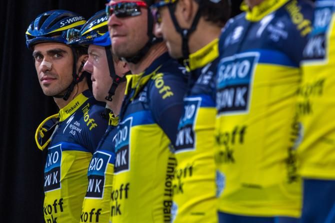 Alberto Contador and his Saxo-Tinkoff teammates are introduced prior to the Grand Prix Cycliste de Qu&eacute;bec