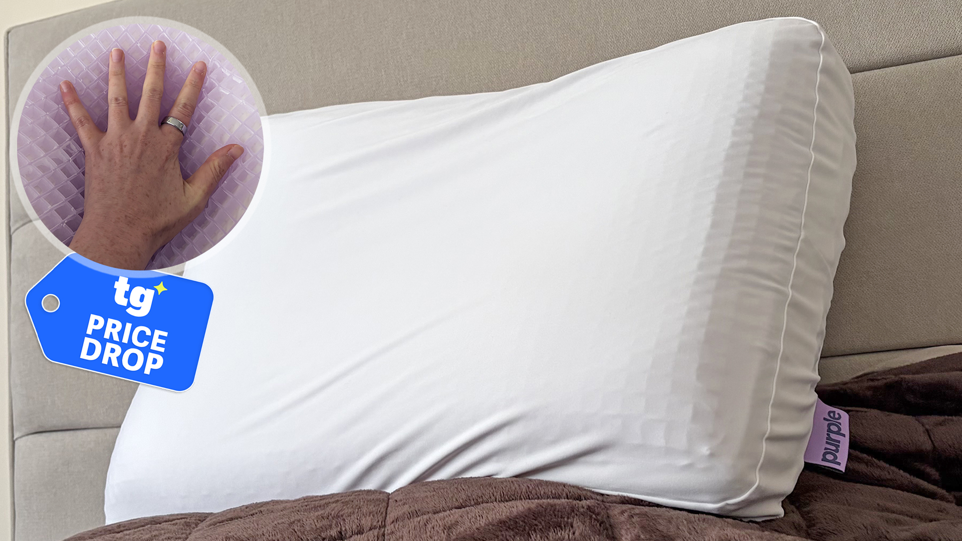 The Purple DreamLayer Pillow on the bed in our reviewer's bedroom. In the Top left corner is a close up of a hand on the Purple GelFlex Grid. Beneath it is a Tom's Guide Price Drop deals graphic