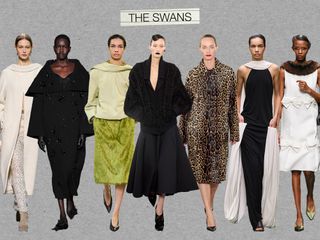 A collage of swan-inspired outfits from the F/W 24 runways, including images from Chanel, Erdem, Carven, Valentino, Michael Kors, Loewe, and Prada