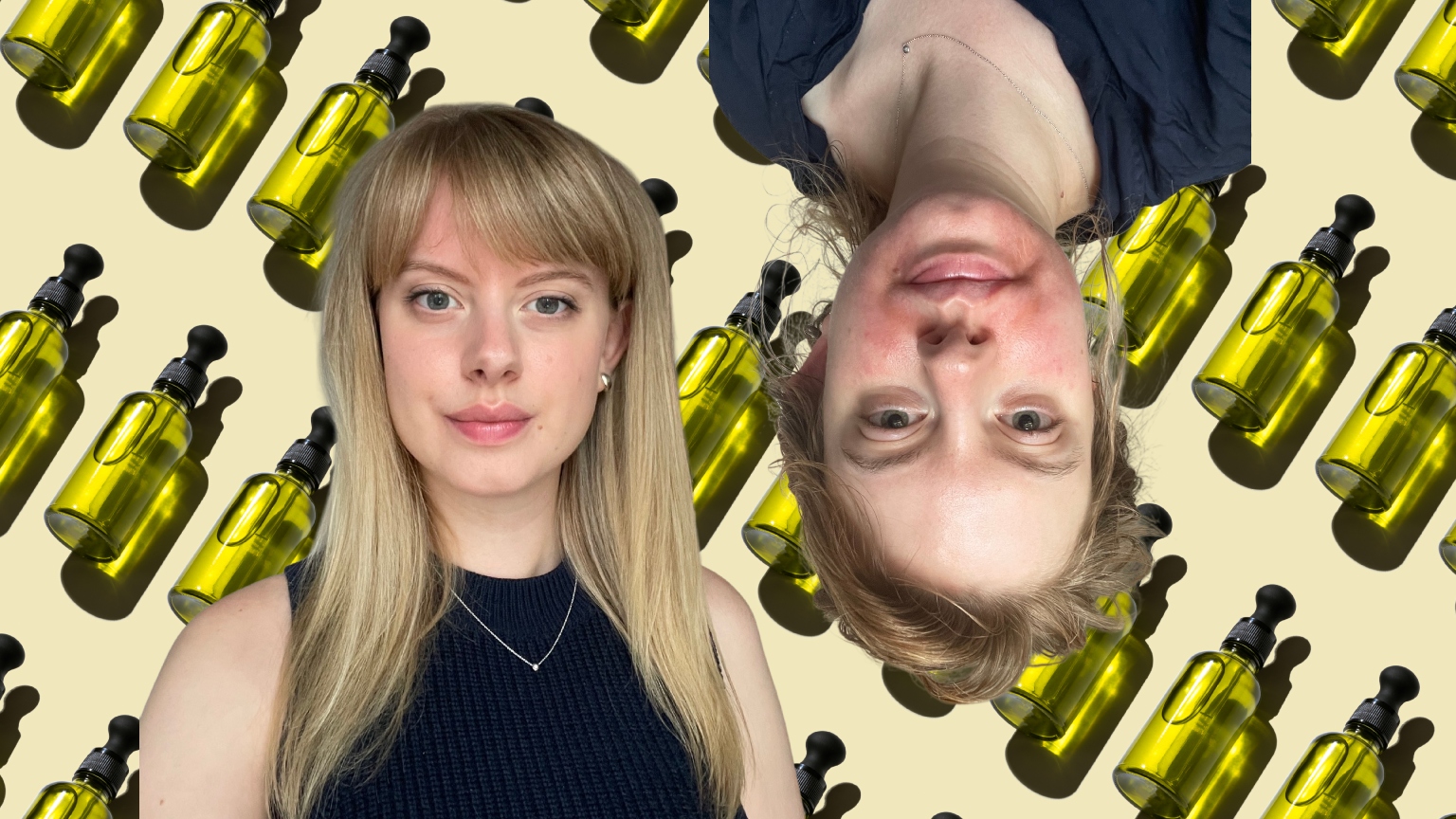 a pale green background with glass bottles with two photos of a white woman with blonde hair