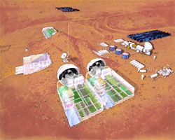This artist's concept shows how a Mars habitat might look, with crops being grown in a greenhouse.