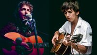 LEFT: Bob DYLAN, performing live onstage at the 1964 Newport Folk Festival RIGHT: George Harrison plays guitar on a sailboat while on vacation in Papeete, Tahiti in French Polynesia, May 1964. 