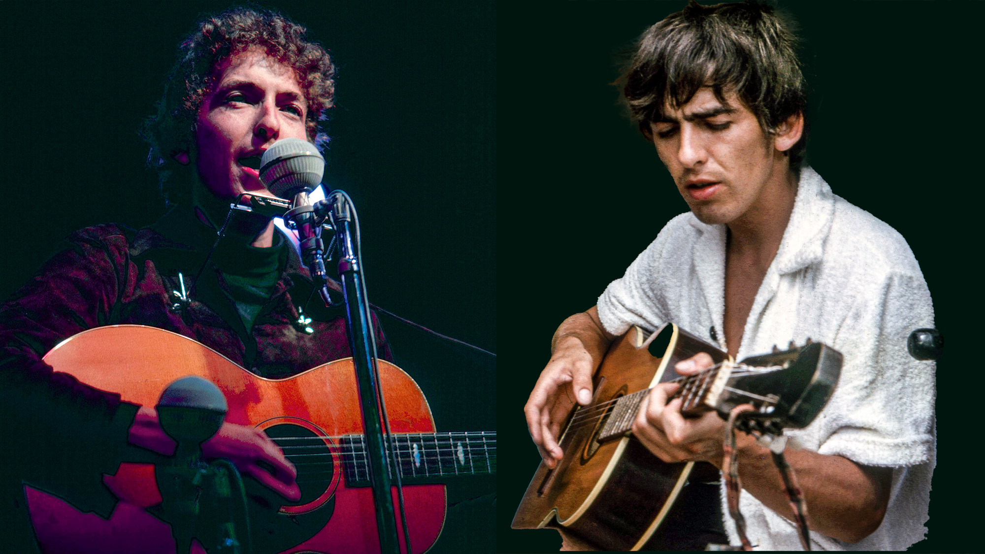 LEFT: Bob DYLAN, performing live onstage at the 1964 Newport Folk Festival RIGHT: George Harrison plays guitar on a sailboat while on vacation in Papeete, Tahiti in French Polynesia, May 1964. 