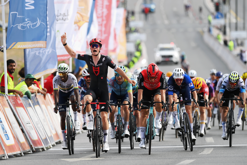 AL BUSTAN, OMAN - FEBRUARY 07: Rick Pluimers of Netherlands and Team Tudor Pro Cycling Team celebrates at finish line as race winner during the a 3rd Muscat Classic 2025 one day race from Al Mouj to Al Bustan on February 07, 2025 in Al Bustan, Oman. (Photo by Alex Broadway/Getty Images)