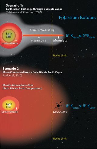 A diagram showing two recent models for how the moon formed from a collision between the early Earth and another massive body. One model (top) allows for an exchange of material between the Earth and the moon through a silicate atmosphere, while the other model creates a more thoroughly mixed sphere of a supercritical fluid (bottom). Each of these models leads to a different prediction for potassium isotope ratios in lunar and terrestrial rocks (right).