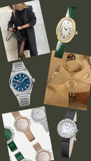 a collage showing several women's watches along with two images of women wearing watches