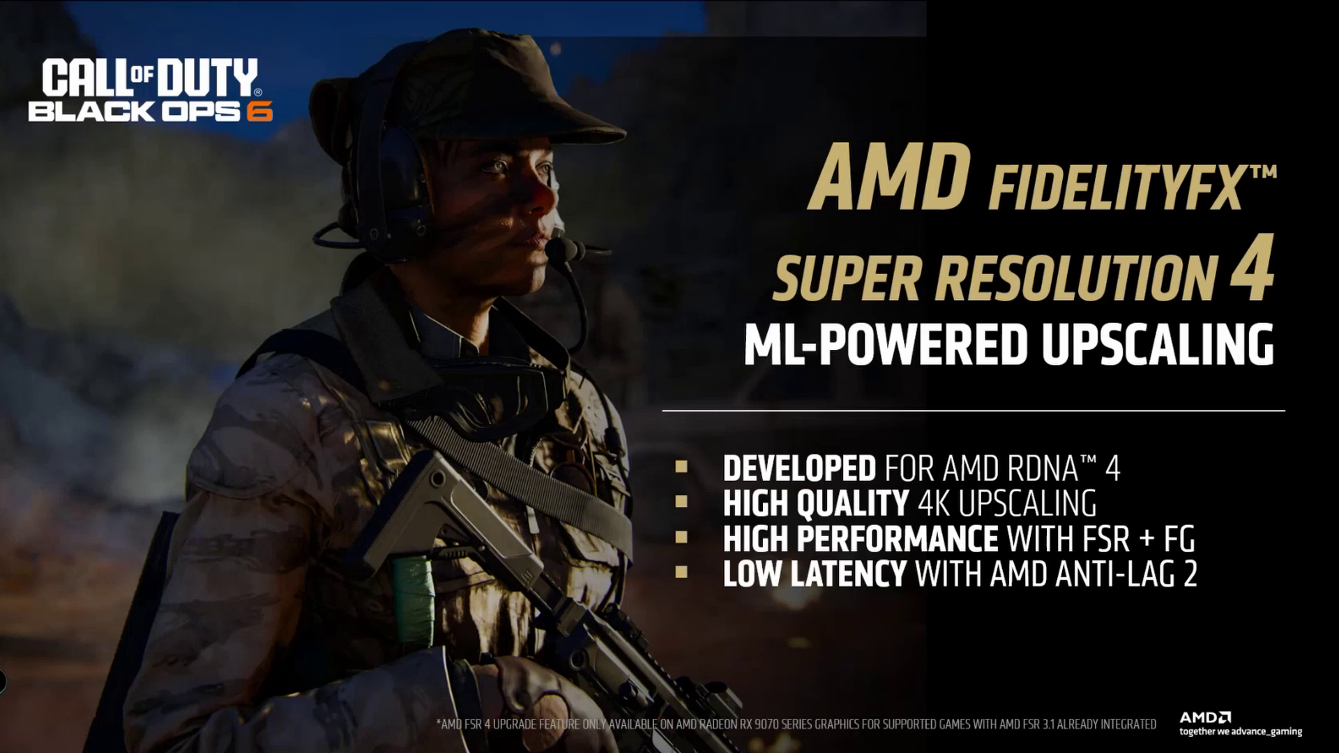 A slide from an AMD presentation showing a soldier from Call of Duty Black Ops 6 alongside information about AMD Fidelity FX Super Resolution 4, or FSR 4.