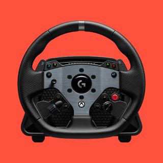 Our best overall racing wheel, the Logitech G Pro on a red background