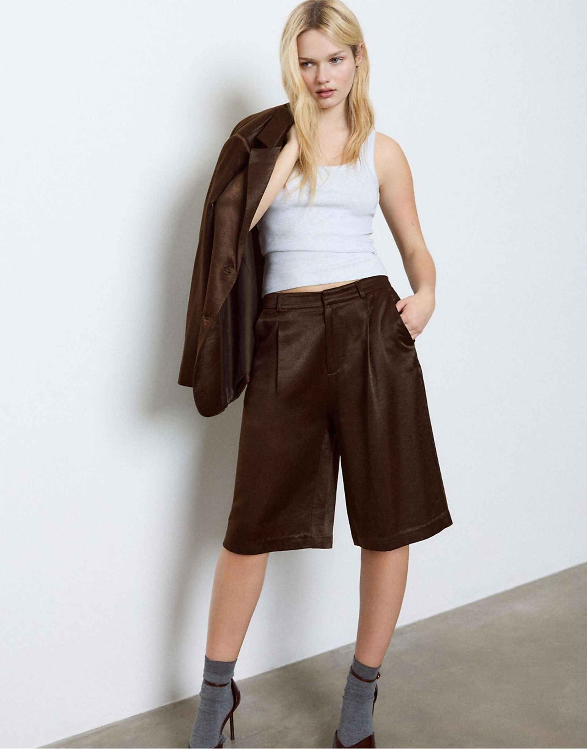 Stradivarius Satin Bermuda Shorts With Darts in Brown