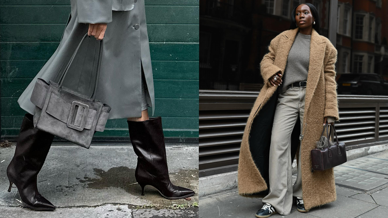 Black Friday and cyber Monday deals on shoe trends in 2024 are shown in a collage of two images of women. On the left a close photo shows a woman wearing a gray leather trench coat with black slouchy boots and a gray suede handbag, while on the right a photo shows a woman wearing a long tan coat over a gray sweater with gray jeans and black running sneakers. 