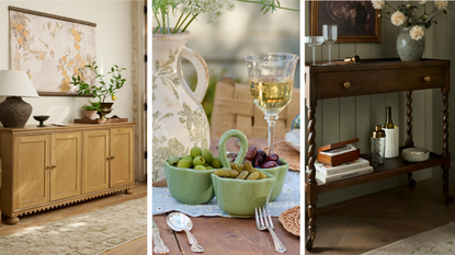 three interior images of a credenza, a tablescape with a serving bowl, and a bar cart